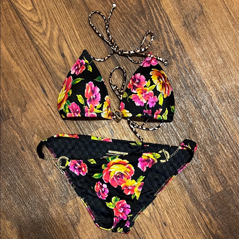 Victoria's Secret Black Bikini with Pink and Yellow Floral Design